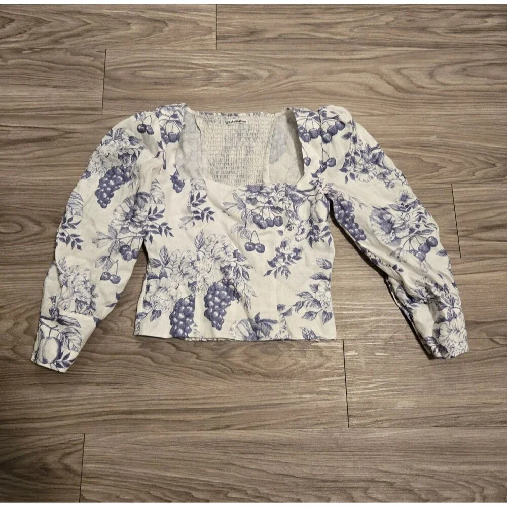 Reformation Blue White Floral Smocked Crop Top Long Sleeve Puff Sleeve Sz 4